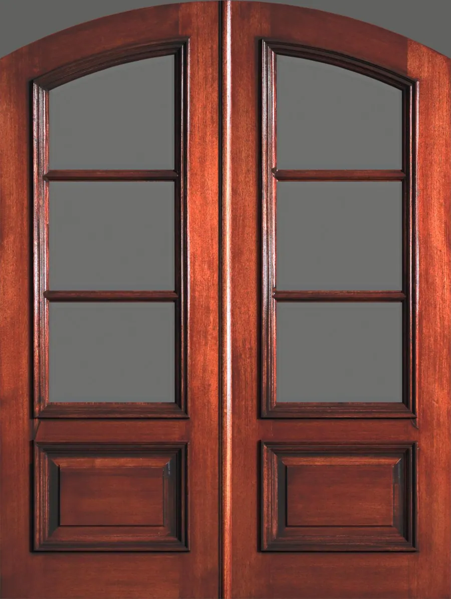 3 Lite Arch Top Double Doors – Raised Moulding – Clear Bevel Glass