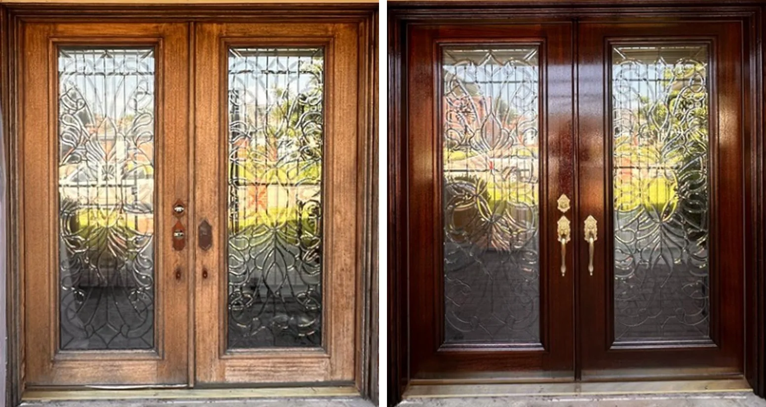 The same leaded glass double doors before and after refinishing